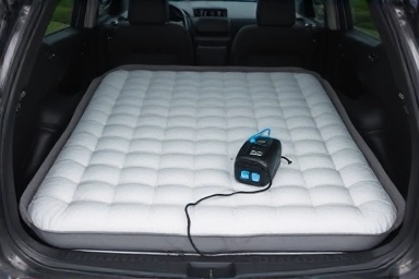 Thick air mattress inflating for comfortable SUV car camping.